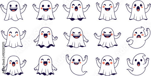Cute Halloween ghost cartoon character set flat vector collection of funny spooky spirits with different expressions isolated on light background
