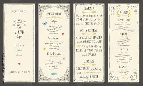 Wedding and restaurant doodles menu. Hand drawn vertical templates. Vintage b...