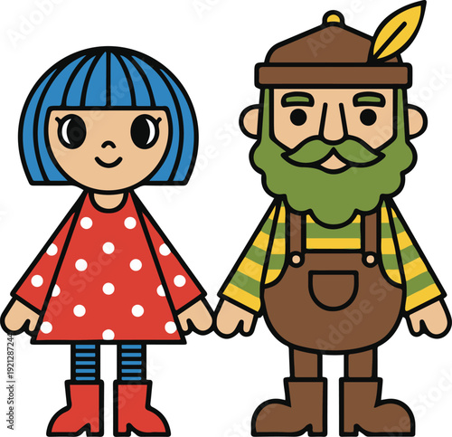 a girl with blue hair in a red polka-dot dress and a bearded lumberjack or forester in overalls and a hat.