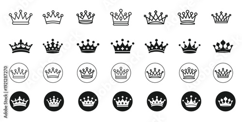 Crown Icon Set Collection.Line and Solid Black Royal King Crown Symbols.