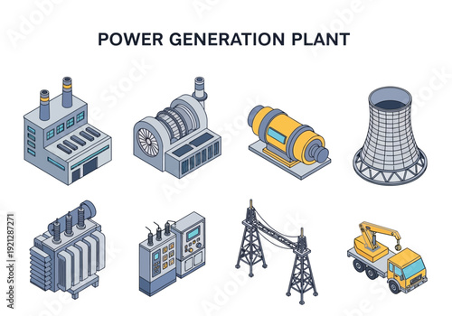 Set of isometric icons representing a power generation plant and its components, including substations and cooling towers