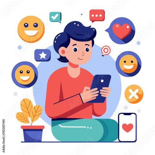 vector illustration of a man using a mobile phone and tablet. Interactive with friends on chat with emoticon feedback.Social media,marketing, like,social network,blog,live,chat reaction and livestream