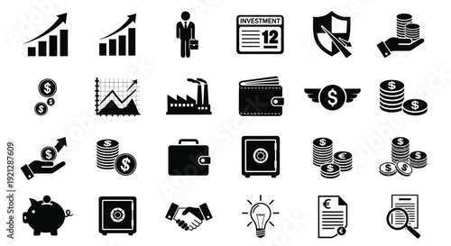 Collection of financial icons representing growth and security silhouette