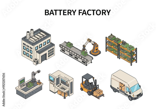 Industrial illustration showcasing a battery manufacturing facility with automated production lines and warehousing