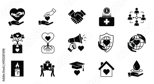 Charity and humanitarian icons depicting global support a helping hand silhouette