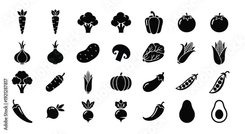 Collection of various vegetables and fruits in dark silhouette