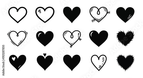 Collection of diverse heart shapes and designs in black silhouette