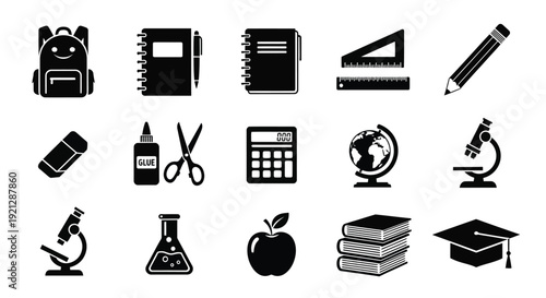 Black icons representing school supplies and education a silhouette