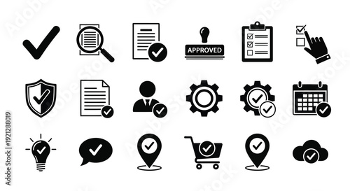 Collection of black icons representing approval security and data silhouette