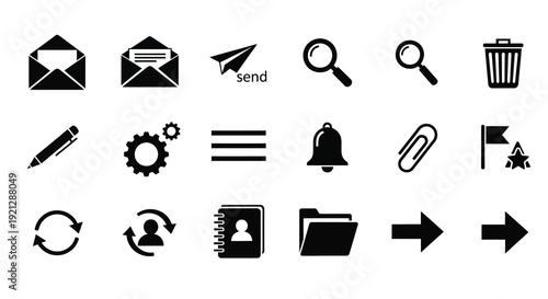 Collection of communication and system icons in black silhouette
