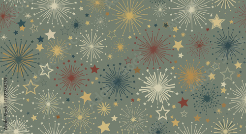 Retro fireworks and stars pattern on a muted green background