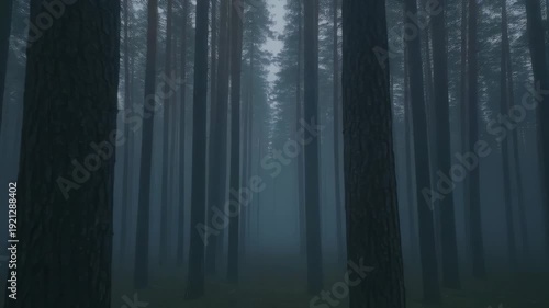 Misty Pine Forest Landscape With Tall Trees and Foggy Atmosphere