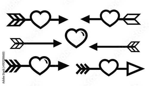  graphic illustration featuring a symmetrical arrangement of stylized hearts intersected by arrows, presented in a clean, vector art style.