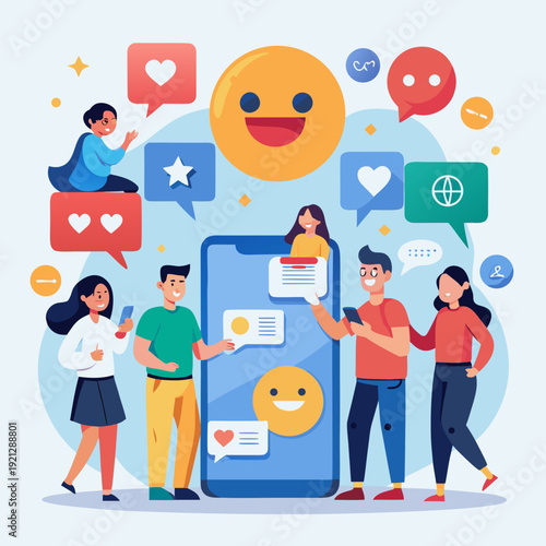 social network concept. Interactive with friends on chat with emoticon feedback.Social media,marketing, like,social network,blog,live,chat reaction and livestream.Person using smart phone 