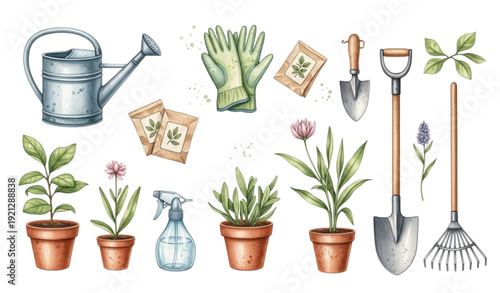Watercolor Garden Tools and Plants Set – Hand Painted Botanical Clipart Collection