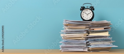 Alarm clock sitting on a high stack of documents and files, representing office workload, deadlines, stress, and time management against a blue background