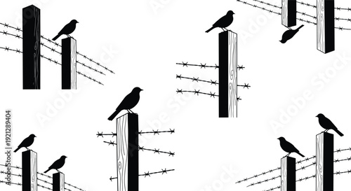 Black bird silhouettes perched on wooden fence posts with barbed wire, minimal rural wildlife vector illustration isolated on white background