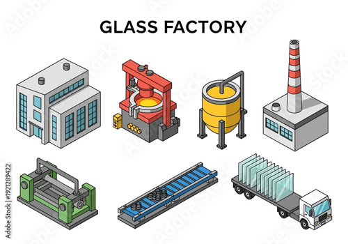 Isometric illustrations of industrial glass manufacturing process elements, showcasing machinery and transportation