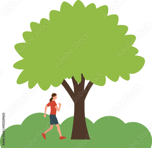A fit young woman jogs actively past a large lush green tree and soft grassy bushes enjoying outdoor exercise and healthy living in nature