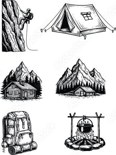 Hand Drawn Vintage Outdoor Adventure Icon Set