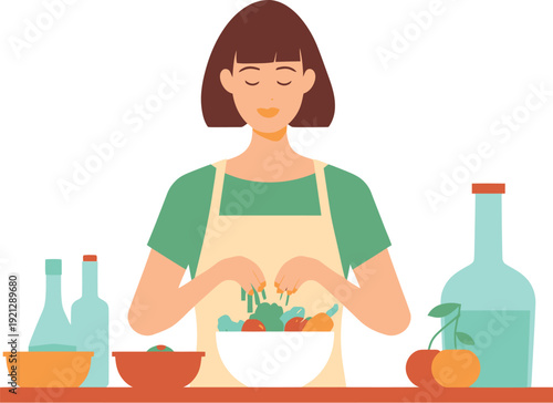 Woman wearing an apron diligently prepares a fresh vegetable salad in a white bowl while surrounded by bottles and ingredients on a counter in a healthy cooking concept illustration