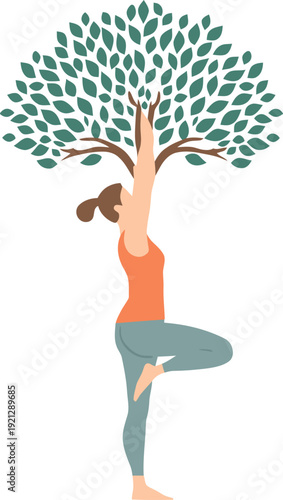 Woman practicing yoga tree pose stretching gracefully towards the lush green leaves of a beautiful growing tree symbolizing balance and nature connection in fitness