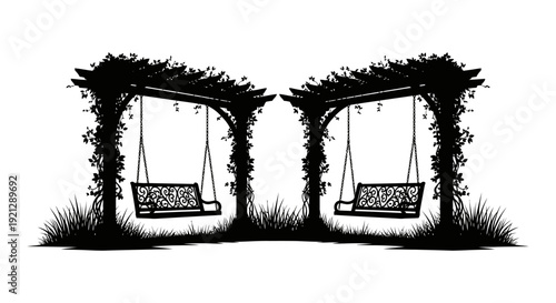 two silhouetted garden swing pergolas with vines and grass on white evoking tranquil outdoor elegance for decorative designs.