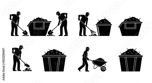 workers shoveling raking and wheeling organic waste into skips and wheelbarrows illustrating manual labor for landscaping.