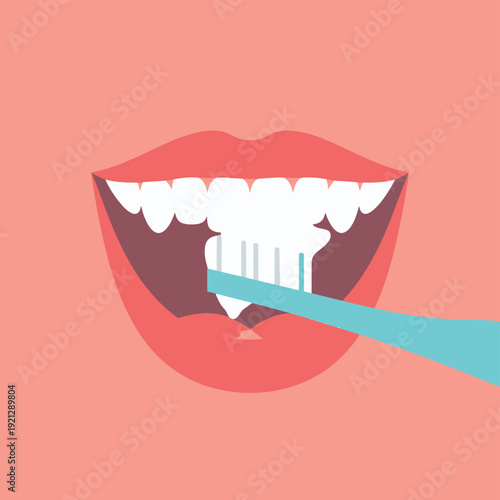 Close up minimalist illustration depicts an open mouth with bright white teeth actively being brushed with a light blue toothbrush and white foam demonstrating daily oral hygiene practice.