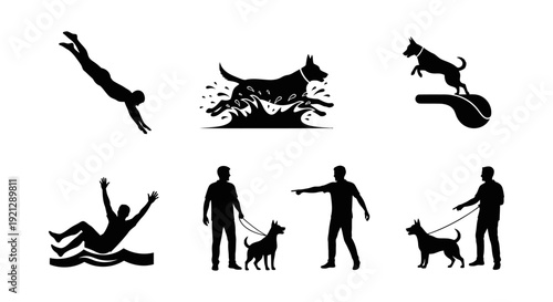 vector silhouettes illustrating water activities diving struggling dog training jumping and walking for safety and pet care.