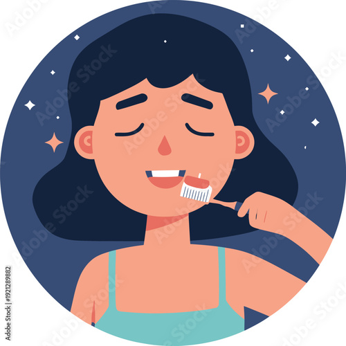 Young woman practicing nightly oral hygiene routine diligently brushing her teeth with a toothbrush under a starry night sky illustration