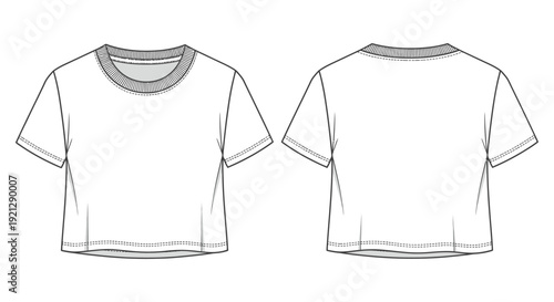 womens blank crop top t-shirt flat sketch template a technical fashion drawing with front and back views for apparel design.