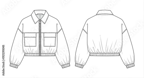 womens cropped bomber jacket technical fashion flat sketch with full zip patch pockets and ribbed trim for apparel design.