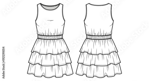 womens sleeveless tiered ruffle dress flat fashion sketch elasticated waist round neck front and back views.