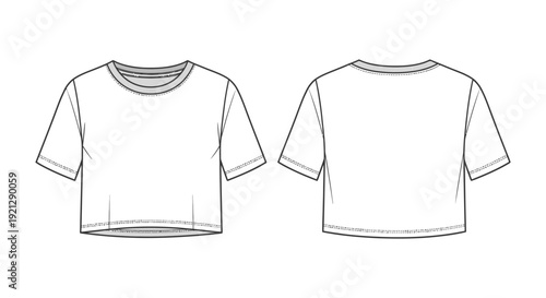womens white crop top t-shirt technical flat sketch front and back views a detailed vector illustration for fashion apparel design templates.
