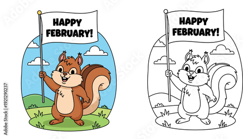 Cute cartoon squirrel holding a white flag with Happy February text, happy animal vector illustration standing on green grass with blue sky background.
