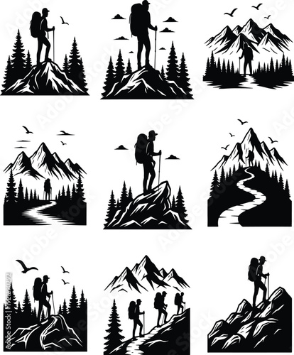 Set of 9 Hiking and Mountain Adventure Silhouettes