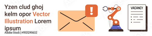 Employment, automation, job market, communication, recruitment, technology. Envelope with alert, robotic arm working and vacancy document. Employment and automation concepts illustrated
