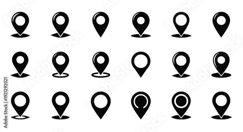 Collection of black map markers and location pins a graphic silhouette