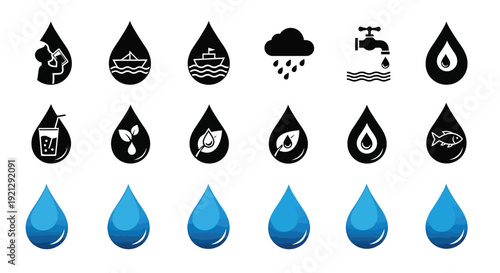 Water droplet icons depicting weather nature and marine elements silhouette