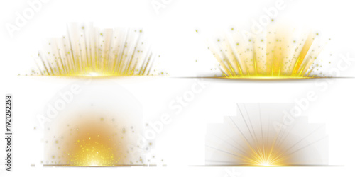 Four golden starbursts and light effects on a white background