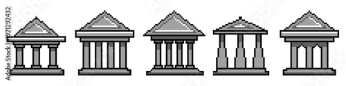 Set editable pixel bank icon vector for retro business games. Ideal for symbolizing 8-bit economy, digital wealth management, and vintage arcade institutions.