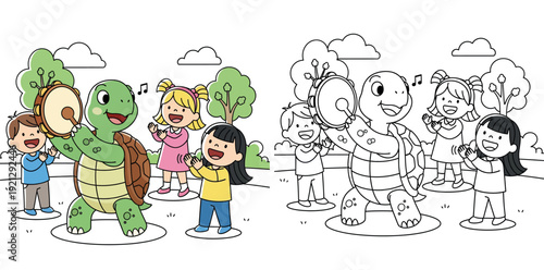 Cute cartoon turtle playing a tambourine while happy children clap and sing
