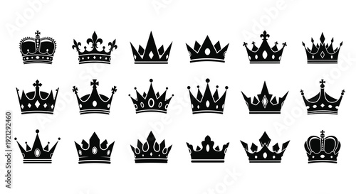 Collection of diverse black crowns displayed in a grid silhouette
