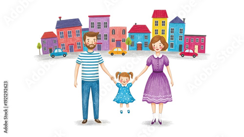 family holding hands in front of colorful city buildings