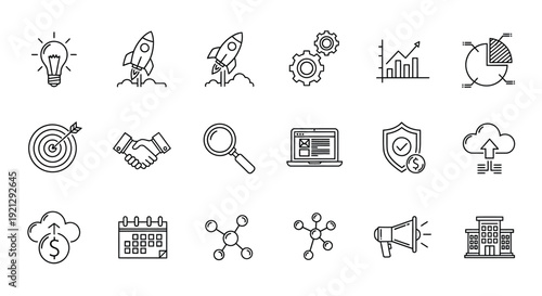 Collection of business and technology icons in a linear style silhouette