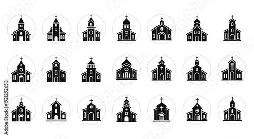 Collection of diverse church building icons in a minimalist silhouette