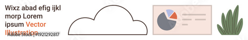 Cloud storage, data analytics, technology, internet, presentations, workspace decor. Minimalist design showing a cloud, pie chart and plant. Cloud storage and data analytics conceptual elements