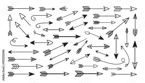 Black line arrow doodles for directional guidance and creative layout design with varied tip shapes
