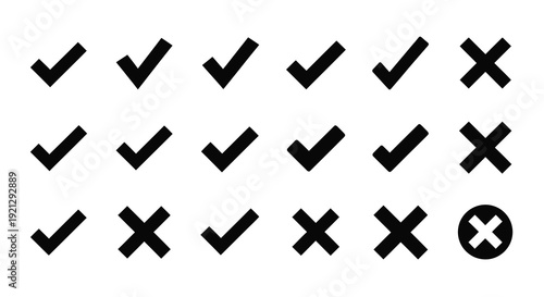 Check marks and x symbols arranged in rows a dark silhouette